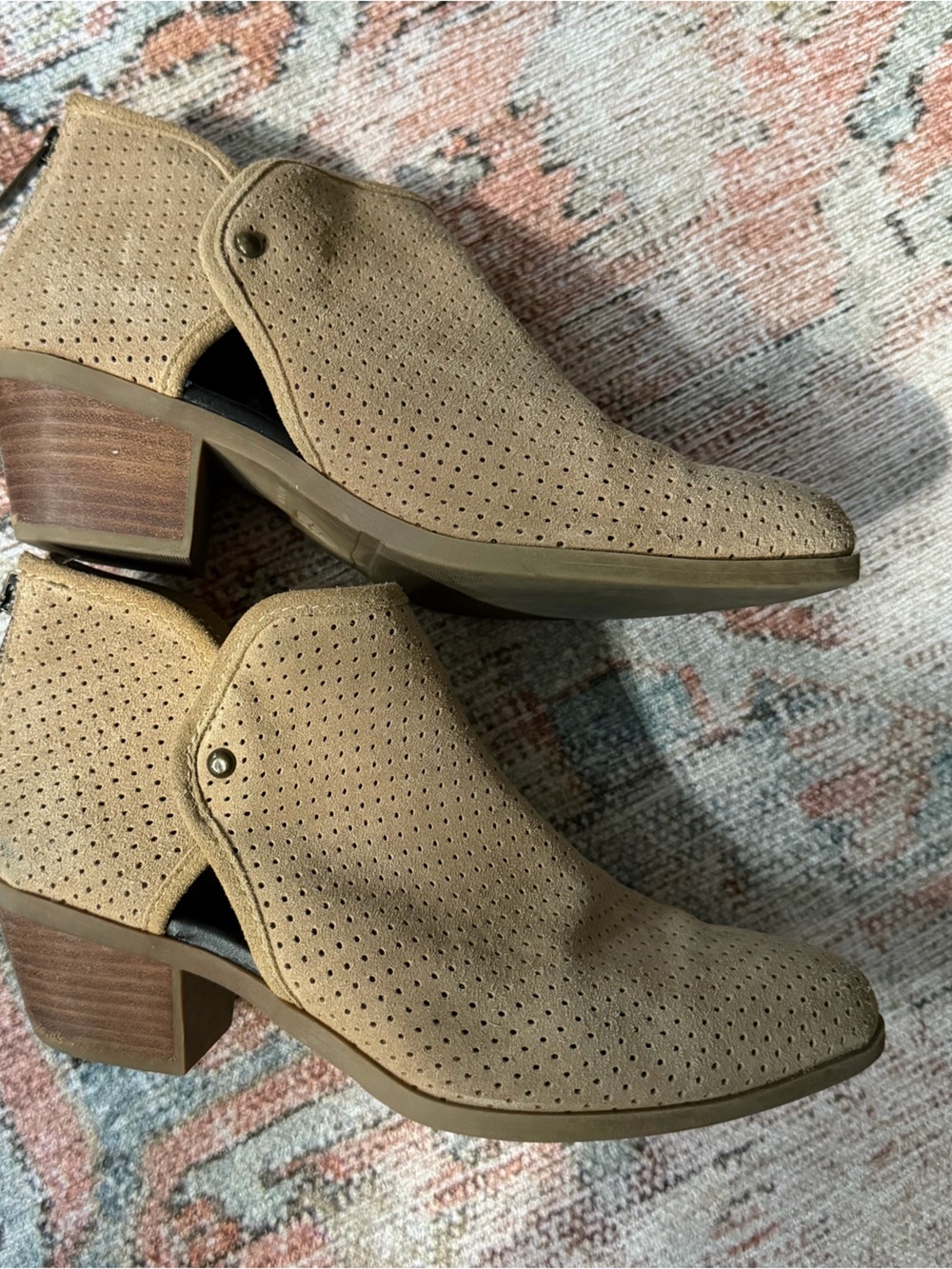 Adam Tucker Tan Perforated Suede Cutout Ankle Booties